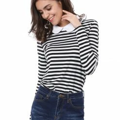 Allegra K Women's Long Sleeve Peter Pan Striped Top Clothing