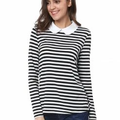 Allegra K Women's Long Sleeve Peter Pan Striped Top Clothing