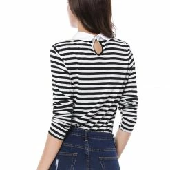 Allegra K Women's Long Sleeve Peter Pan Striped Top Clothing