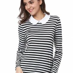 Allegra K Women's Long Sleeve Peter Pan Striped Top Clothing