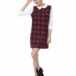 Allegra K Women's Contrast Peter Pan Collar Long Sleeve Check Shift Dress