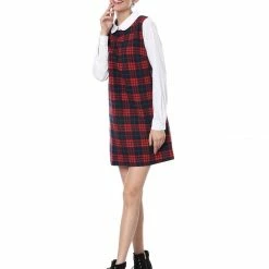 Allegra K Women's Contrast Peter Pan Collar Long Sleeve Check Shift Dress