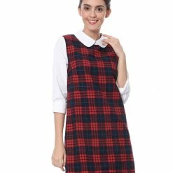 Allegra K Women's Contrast Peter Pan Collar Long Sleeve Check Shift Dress