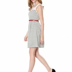 Allegra K Women Contrast Striped Panel Pleated A-line Dress W Belt