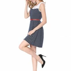 Allegra K Women Contrast Striped Panel Pleated A-line Dress W Belt