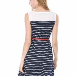 Allegra K Women Contrast Striped Panel Pleated A-line Dress W Belt