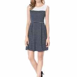 Allegra K Women Contrast Striped Panel Pleated A-line Dress W Belt