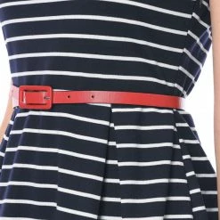 Allegra K Women Contrast Striped Panel Pleated A-line Dress W Belt