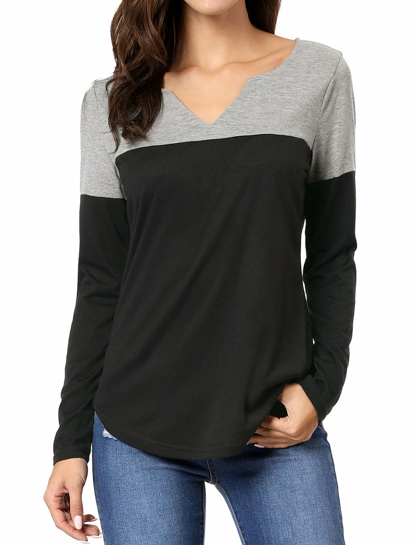 Allegra K Split V-neck Long Sleeves Color Block T-Shirt 54 Allegra K Split V-neck Long Sleeves Color Block T-Shirt