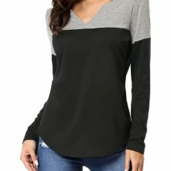 Allegra K Split V-neck Long Sleeves Color Block T-Shirt 110 Allegra K Split V-neck Long Sleeves Color Block T-Shirt