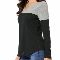 Allegra K Split V-neck Long Sleeves Color Block T-Shirt 111 Allegra K Split V-neck Long Sleeves Color Block T-Shirt