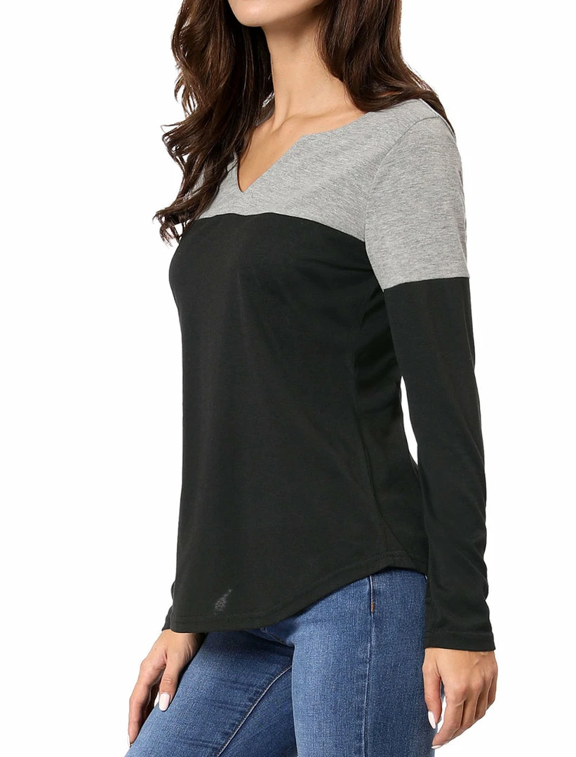 Allegra K Split V-neck Long Sleeves Color Block T-Shirt 56 Allegra K Split V-neck Long Sleeves Color Block T-Shirt