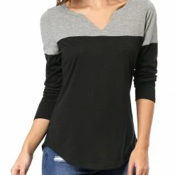 Allegra K Split V-neck Long Sleeves Color Block T-Shirt 108 Allegra K Split V-neck Long Sleeves Color Block T-Shirt