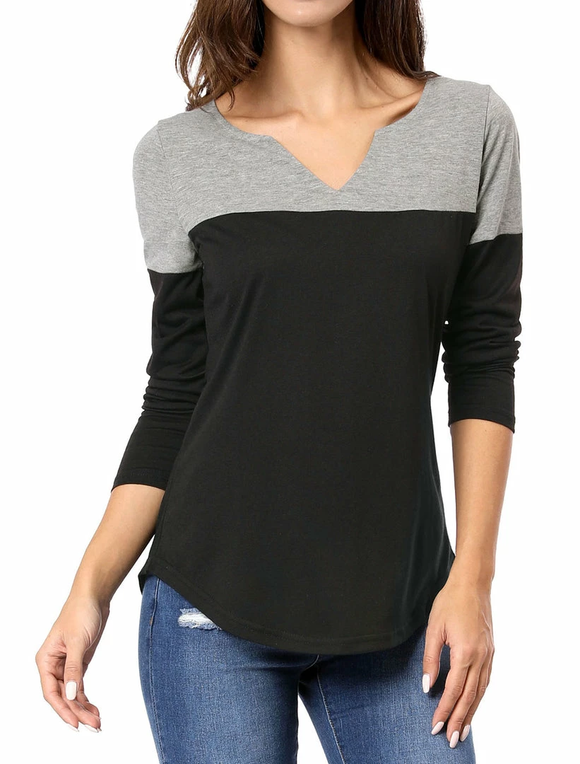 Allegra K Split V-neck Long Sleeves Color Block T-Shirt 53 Allegra K Split V-neck Long Sleeves Color Block T-Shirt