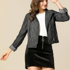 Women Allegra K Revere Collar Washed Denim Jacket With Zip Decors