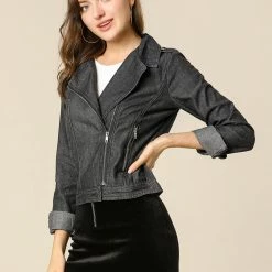 Women Allegra K Revere Collar Washed Denim Jacket With Zip Decors