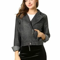 Women Allegra K Revere Collar Washed Denim Jacket With Zip Decors