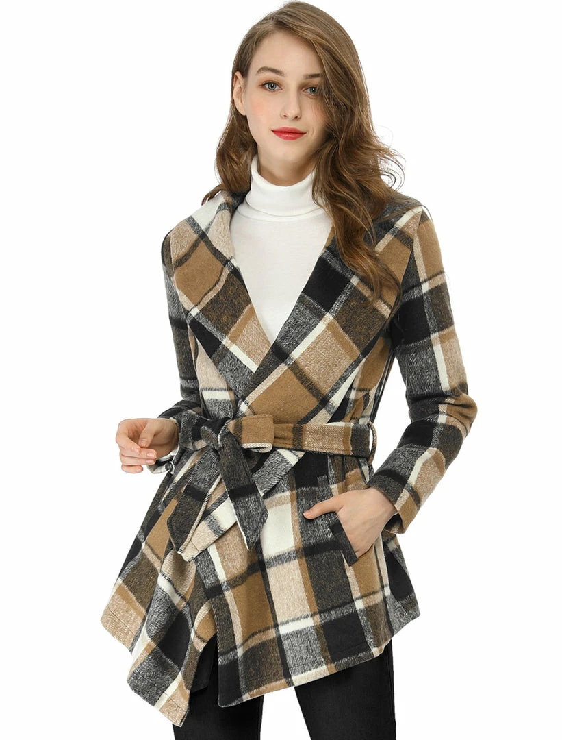 Allegra K Wide Lapel Plaid Fall Wrap Coat Women 21 Allegra K Wide Lapel Plaid Fall Wrap Coat Women