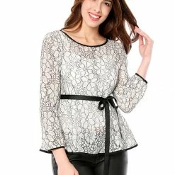 Allegra K Self-Tie Waist Bi-Color Contrast Lace Peplum Top 137 Allegra K Self-Tie Waist Bi-Color Contrast Lace Peplum Top
