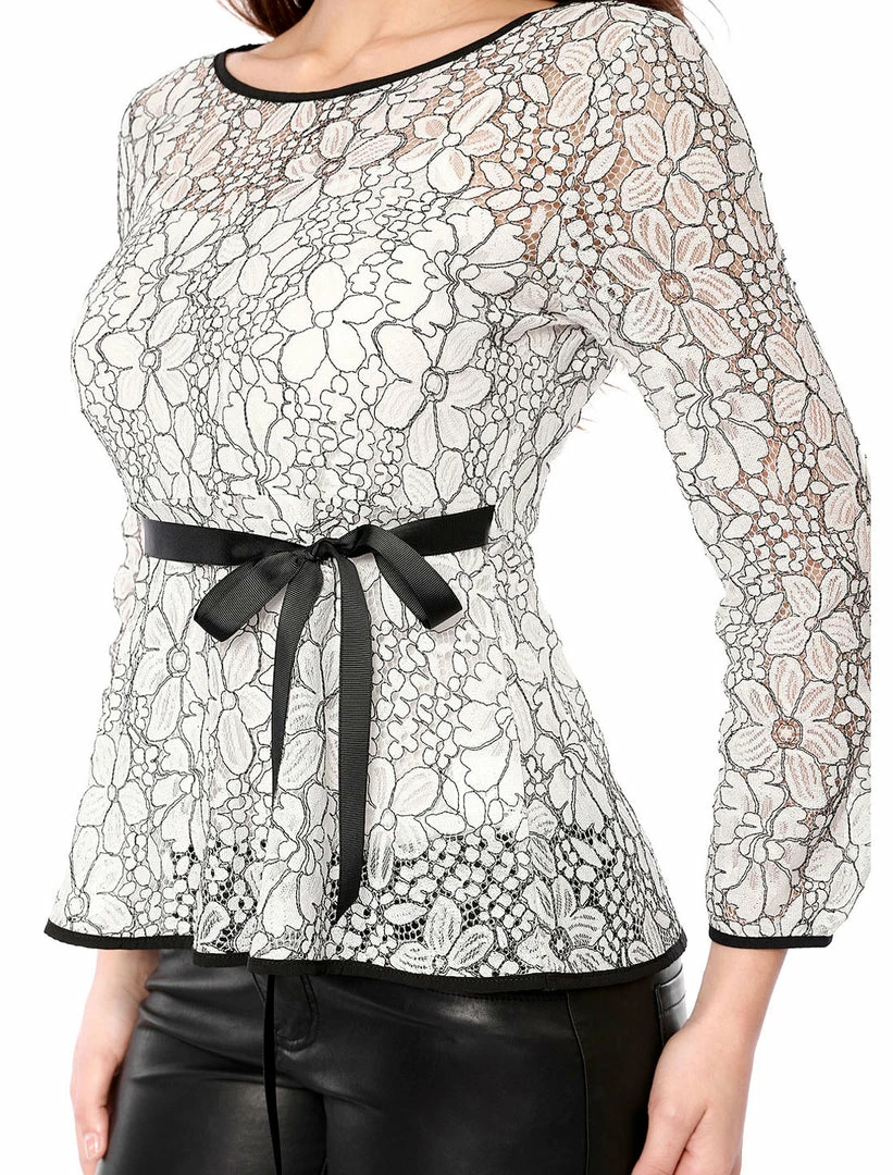 Allegra K Self-Tie Waist Bi-Color Contrast Lace Peplum Top 68 Allegra K Self-Tie Waist Bi-Color Contrast Lace Peplum Top