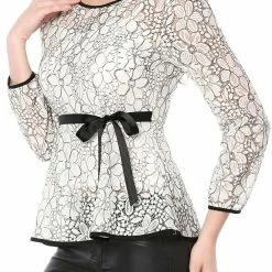 Allegra K Self-Tie Waist Bi-Color Contrast Lace Peplum Top 135 Allegra K Self-Tie Waist Bi-Color Contrast Lace Peplum Top