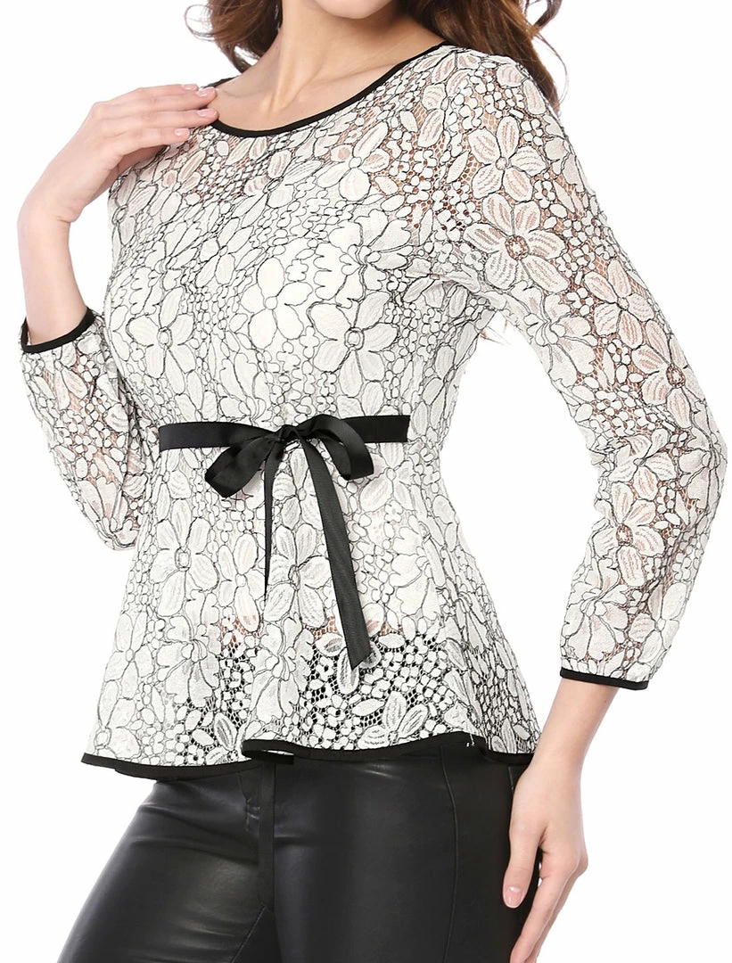 Allegra K Self-Tie Waist Bi-Color Contrast Lace Peplum Top 63 Allegra K Self-Tie Waist Bi-Color Contrast Lace Peplum Top