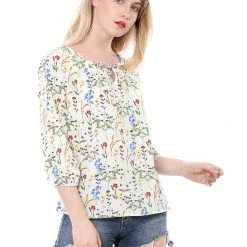 Women Allegra K Floral Print 3/4 Raglan Sleeve Drawstring Round Neck Blouse