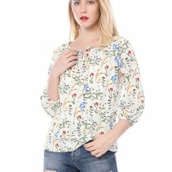 Women Allegra K Floral Print 3/4 Raglan Sleeve Drawstring Round Neck Blouse