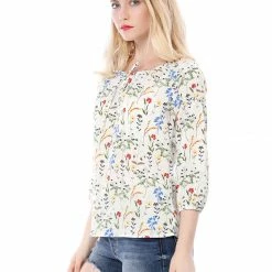 Women Allegra K Floral Print 3/4 Raglan Sleeve Drawstring Round Neck Blouse