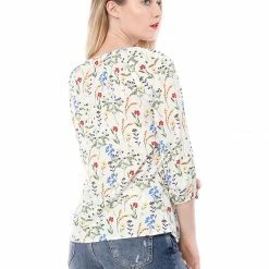 Women Allegra K Floral Print 3/4 Raglan Sleeve Drawstring Round Neck Blouse