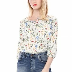 Women Allegra K Floral Print 3/4 Raglan Sleeve Drawstring Round Neck Blouse