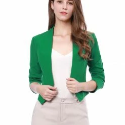Allegra K Women Collarless Cropped Blazer