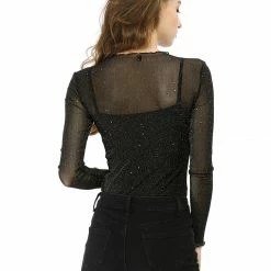 Allegra K Long Sleeve Ruffles Mesh Tops With Spaghetti Strap Camisole