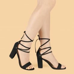 Allegra K Women's Tie Up Strappy Heels Chunky High Heels Sandal Shoes