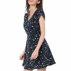 Allegra K Clothing Women Floral Crossover V Neck Petal Sleeves Flowy Dress With Belt