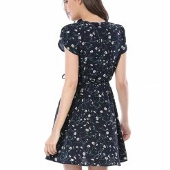 Allegra K Clothing Women Floral Crossover V Neck Petal Sleeves Flowy Dress With Belt