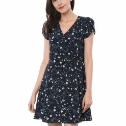 Allegra K Clothing Women Floral Crossover V Neck Petal Sleeves Flowy Dress With Belt