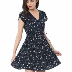 Allegra K Clothing Women Floral Crossover V Neck Petal Sleeves Flowy Dress With Belt
