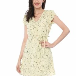Allegra K Clothing Women Floral Crossover V Neck Petal Sleeves Flowy Dress With Belt