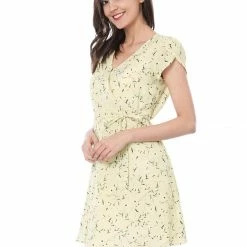 Allegra K Clothing Women Floral Crossover V Neck Petal Sleeves Flowy Dress With Belt