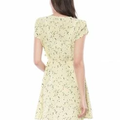 Allegra K Clothing Women Floral Crossover V Neck Petal Sleeves Flowy Dress With Belt