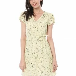 Allegra K Clothing Women Floral Crossover V Neck Petal Sleeves Flowy Dress With Belt