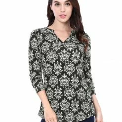 Women Allegra K Printed Split V Neck Long Sleeve Blouse Top 11 Women Allegra K Printed Split V Neck Long Sleeve Blouse Top