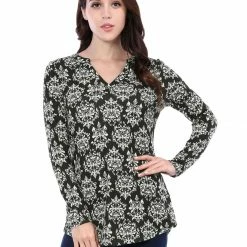 Women Allegra K Printed Split V Neck Long Sleeve Blouse Top 12 Women Allegra K Printed Split V Neck Long Sleeve Blouse Top