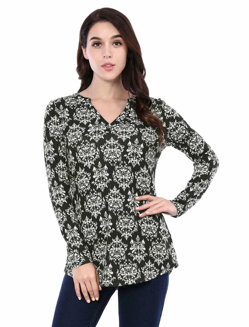 Women Allegra K Printed Split V Neck Long Sleeve Blouse Top 6 Women Allegra K Printed Split V Neck Long Sleeve Blouse Top