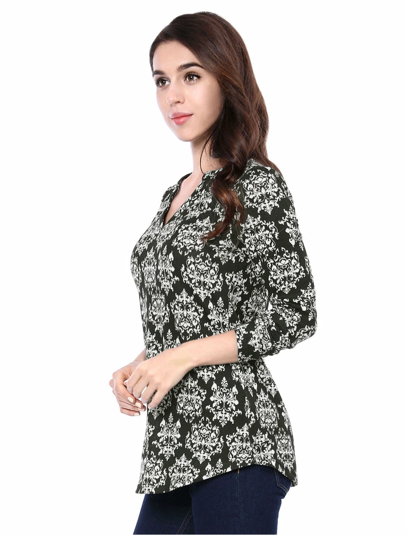 Women Allegra K Printed Split V Neck Long Sleeve Blouse Top 7 Women Allegra K Printed Split V Neck Long Sleeve Blouse Top