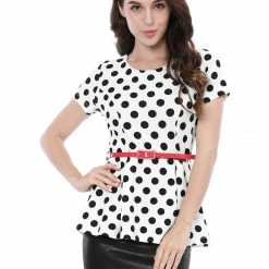 Allegra K Short Sleeves Contrast Belt Polka Dots Peplum Top Women