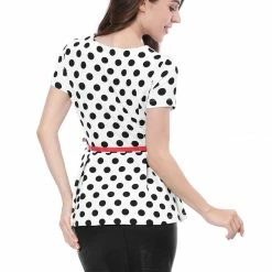Allegra K Short Sleeves Contrast Belt Polka Dots Peplum Top Women