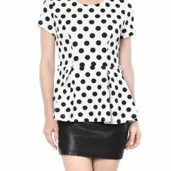 Allegra K Short Sleeves Contrast Belt Polka Dots Peplum Top Women
