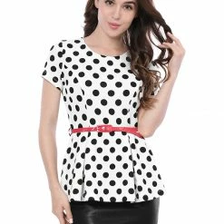 Allegra K Short Sleeves Contrast Belt Polka Dots Peplum Top Women